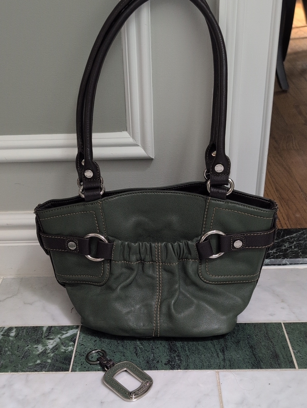 Tignanello Army Green Leather  Shoulder Bag with Dark Brown Handles & Keychain